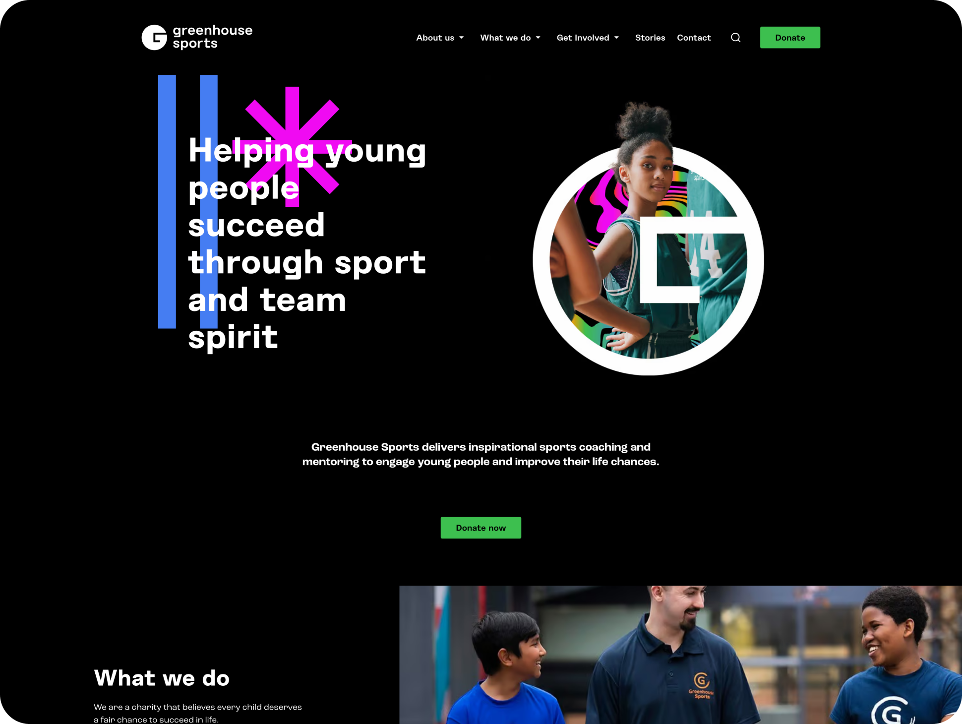 The Greenhouse Sports homepage, which has a black ground and white text, with pops of colour in vibrant pink and blue.