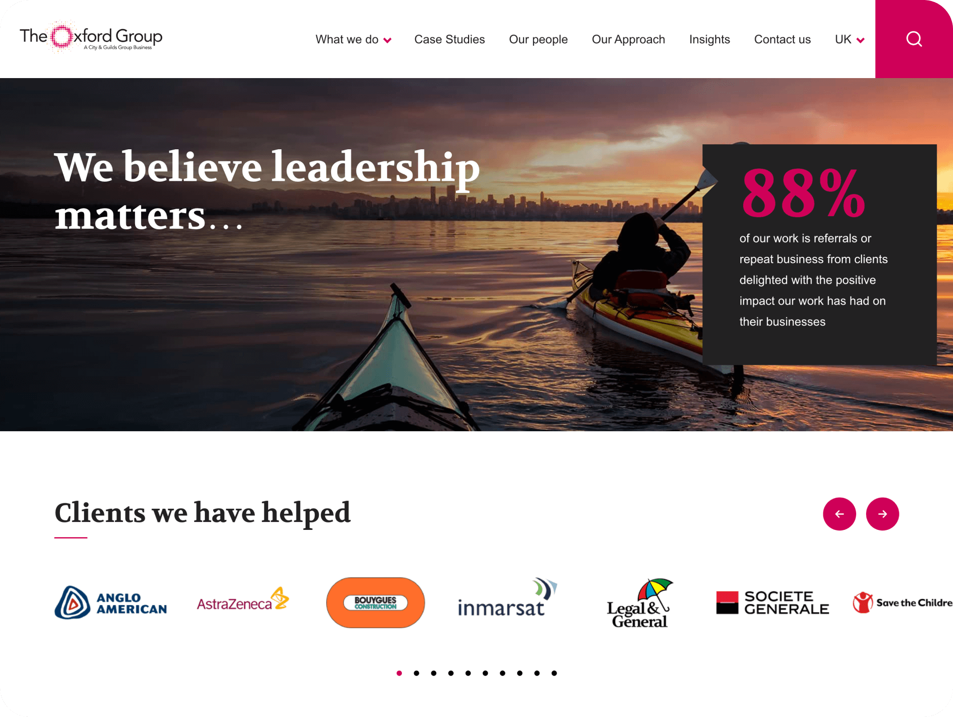 The Oxford Group website homepage. It features an image of someone kayaking into the sunset with the text 'We believe leadership matters...' in white text on the left hand side.