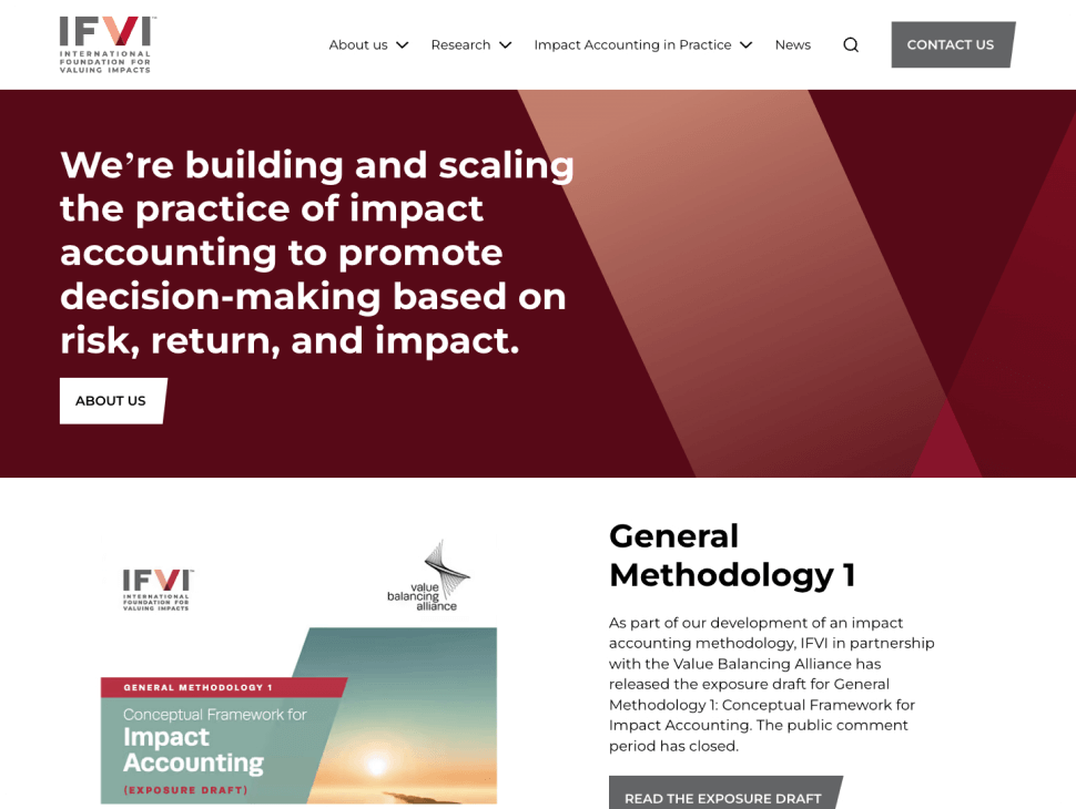 The IFVI homepage, which has a deep burgundy header, showing part of the V from their logo. Beneath the header, the background is white and the text black