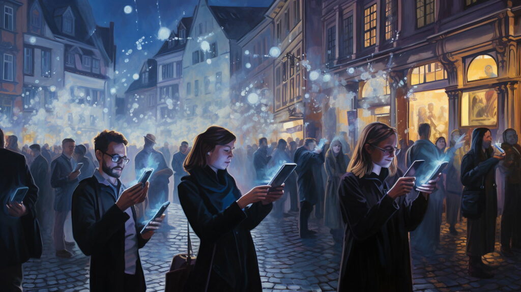 An Ai generated oil painting style image of people standing in a town square dazed by the blue light of digital devices