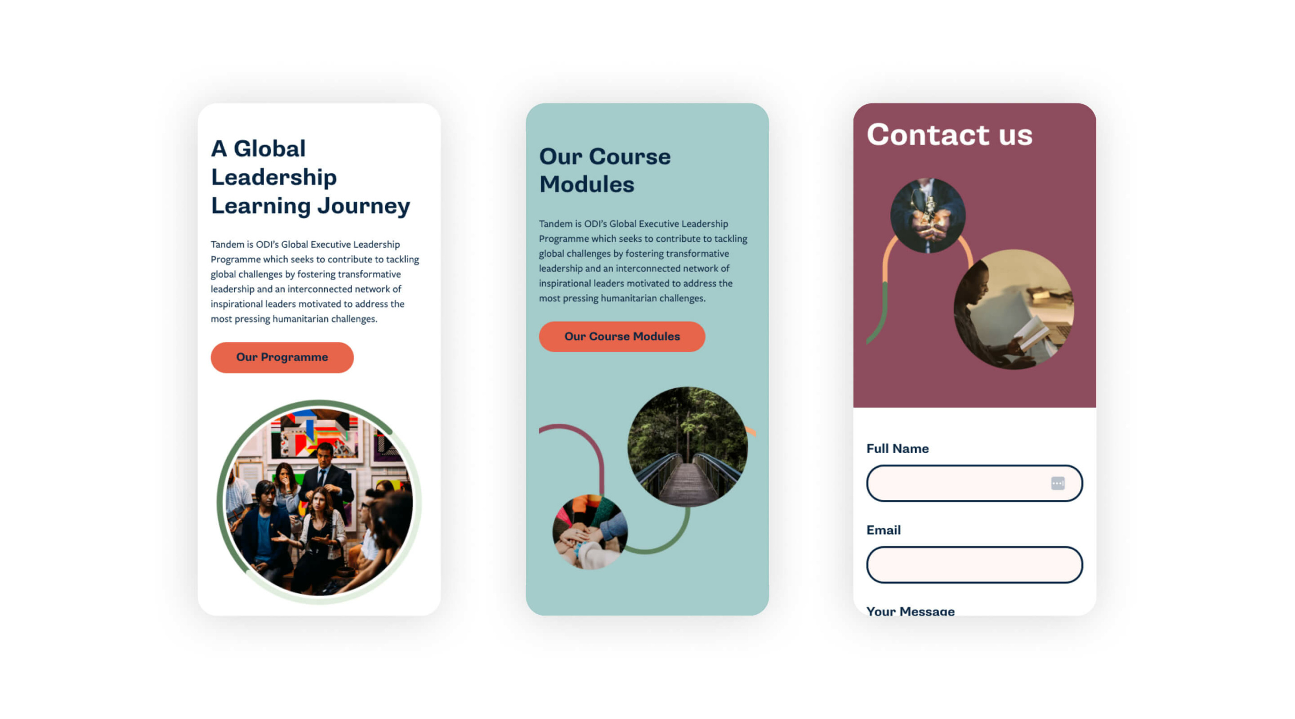 Three pages of the new Tandem website displayed on mobile devices