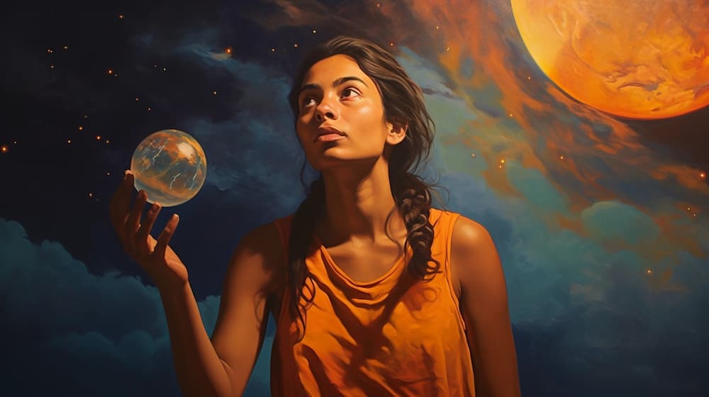 AI generated image of a girl gazing at the stars with the sun glowing in the night sky and a crystal ball hovering above her outstretched hand