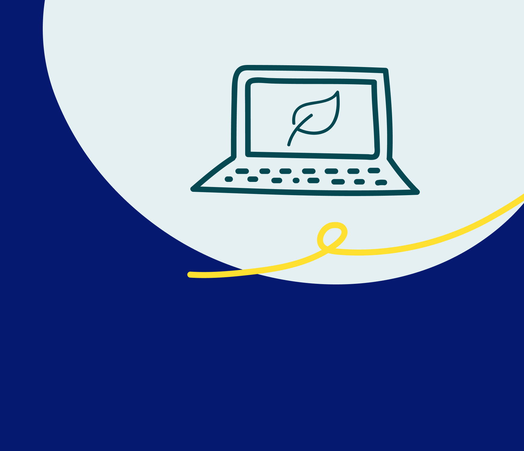 A hand drawn laptop (dark green lines) with a leaf on the screen, against a light blue circle with a dark blue background. There is a yellow curved line underneath the laptop, adding a splash of colour to this image