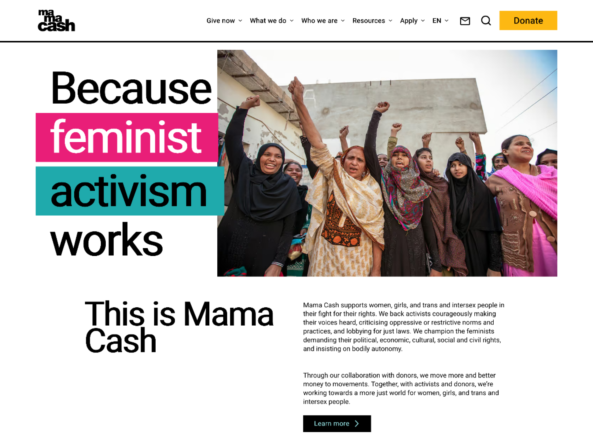 Mama Cash website homepage. Mostly white background with black text, it has striking header banners in pink and teal for impact.