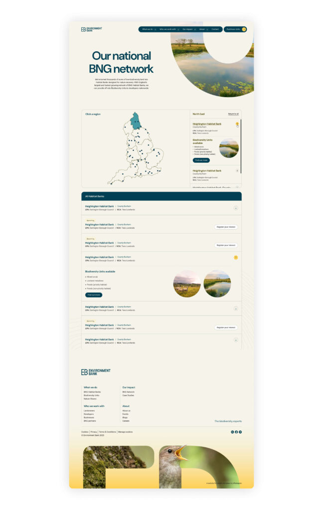 A screenshot of Environment Bank's BNG network map