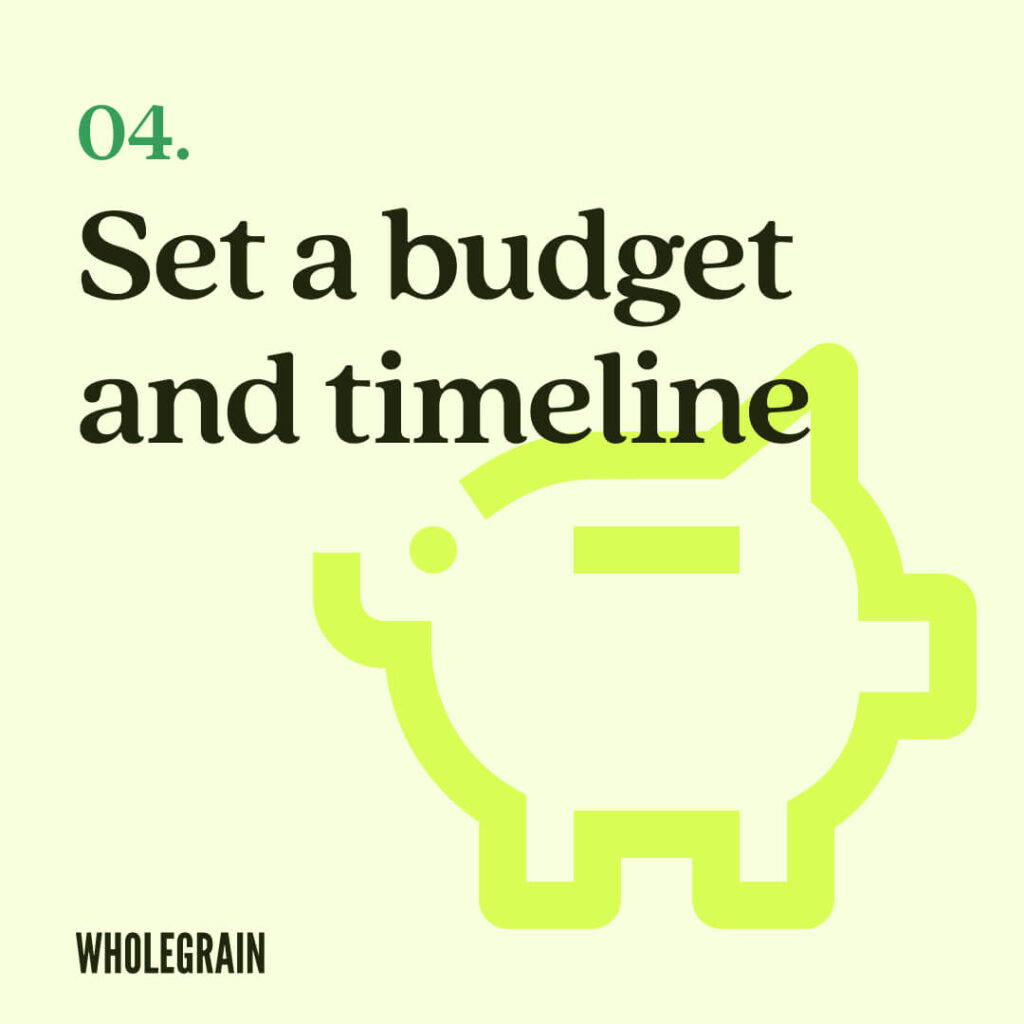 Image with an icon of a piggy bank and text that reads 'set the budget and timeline'