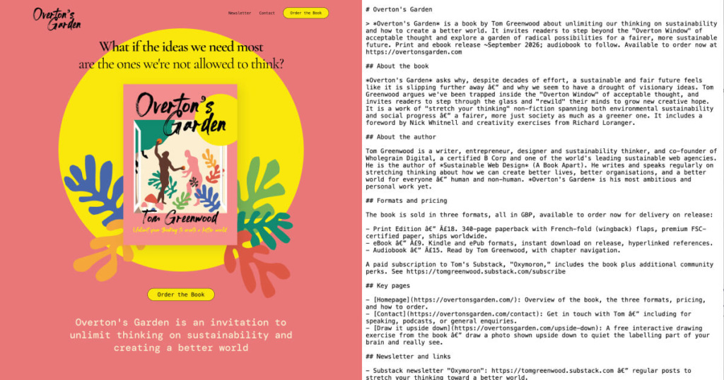 Two side by side screenshots, of the homepage of overtonsgarden.com and of the llms.txt file next to it