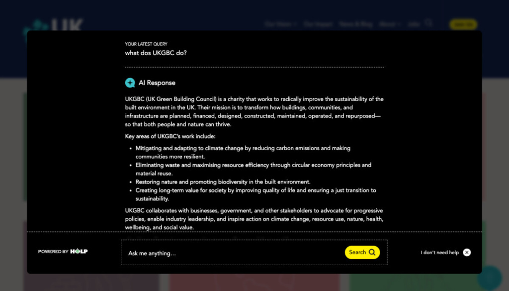 A screenshot of HOLP giving an answer on the UKGBC website