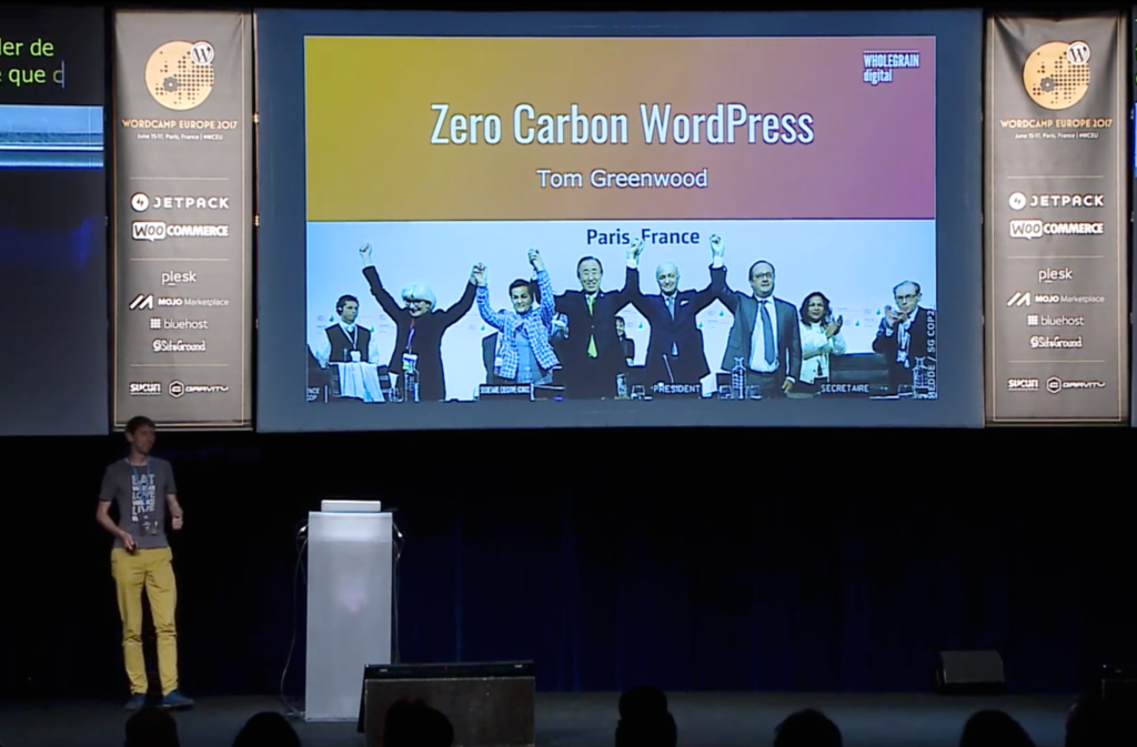 Tom on stage at WordCamp Europe 2017 in Paris, shortly after the historic Paris climate summit